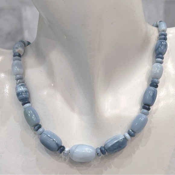 Sterling Silver Blue Opal Bead Necklace and Dangle Earrings Ensemble - Picture 3 of 16